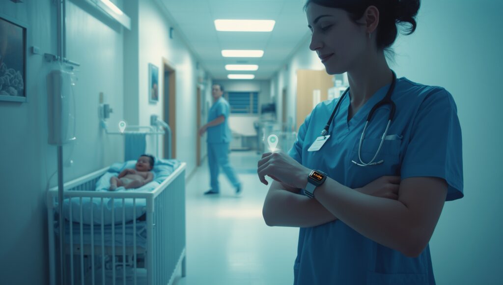 A nurse wearing a smart wearable device in a modern hospital room, with location markers highlighting medical equipment and patient tracking.