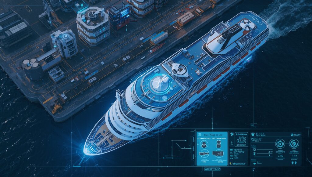 Advanced cruise ship security operations with crew using real-time tracking and monitoring systems at a modern port.