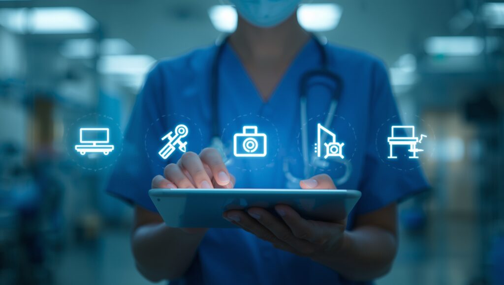 Nurse using a tablet that shows digital icons for medical equipment locations in a hospital setting, highlighting efficiency and workflow.