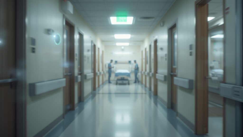 Hospital corridor with exit monitoring technology illustrating patient elopement prevention in healthcare facilities